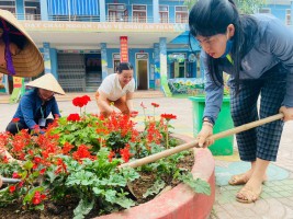 HOẠT ĐỘNG VỆ SINH SÂN TRƯỜNG VÀ CHĂM SÓC BỒN HOA, CÂY CẢNH TẠI TRƯỜNG MẦM NON HOA MAI